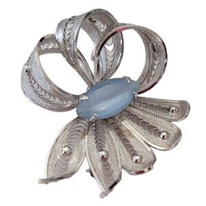 Alice Caviness Spun Sterling Sterling Filigree Ribbon Blue Moonstone Brooch E708
